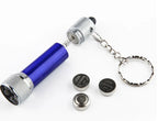 Compact blue LED flashlight keychain with three LR44 batteries on a white background