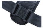 Close-up of black adjustable nylon strap with reinforced stitching and plastic loops