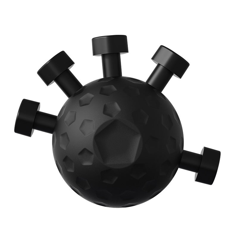 3D black abstract virus model with pentagon patterns and cylindrical spikes on white background