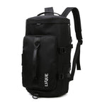 Black LVQUE backpack with front pouch, padded straps, and buckle details on white background