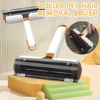 White and black roller pet hair removal brush with orange accents for removing fur from fabric