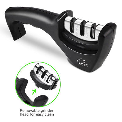 Black handheld knife sharpener with removable grinder head and three sharpening slots