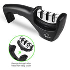 Black handheld knife sharpener with removable grinder head and three sharpening slots