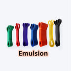Set of seven colorful resistance bands in green, red, purple, blue, orange, yellow, and black with Emulsion text