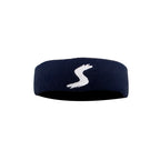 Black sports headband with a white stylized S logo on front