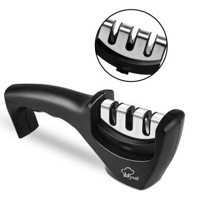 Black handheld kitchen knife sharpener with three slots and ergonomic handle on white background