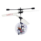 Small remote control helicopter drone with transparent spherical body and white rotor blades