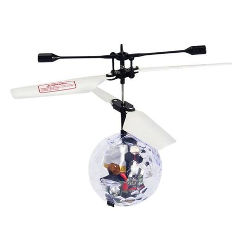 Small remote control helicopter drone with transparent spherical body and white rotor blades