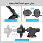 Black adjustable car phone holder with 270° arm, 360° rotating ball, and 5.3-inch extendable arm