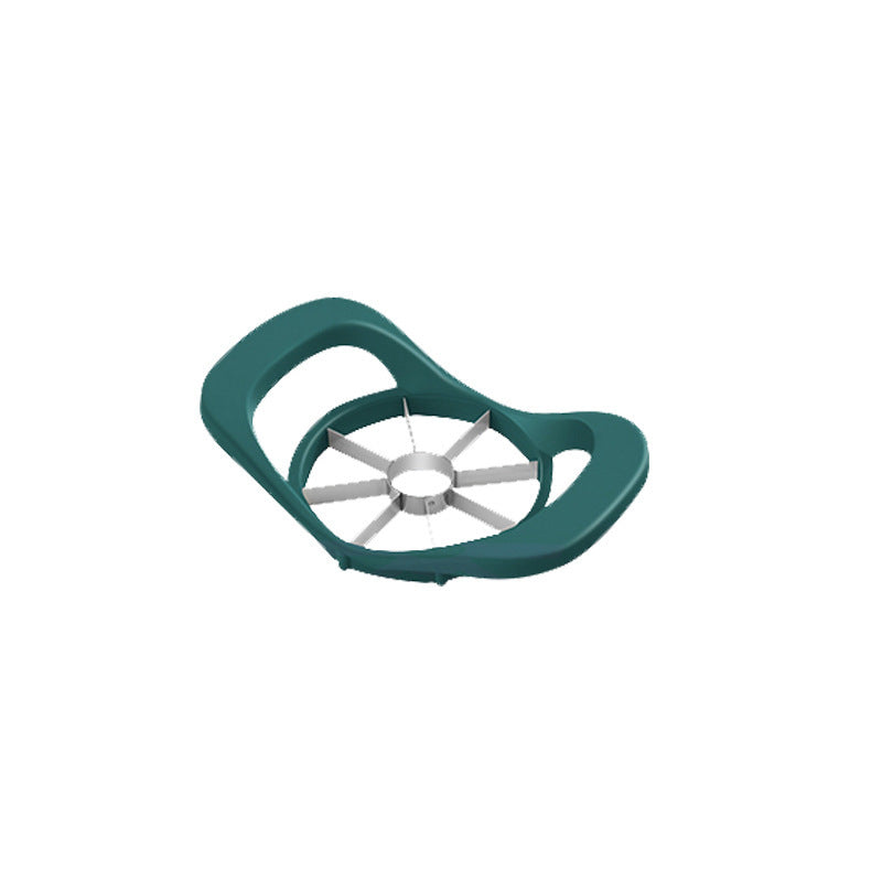 Apple slicer corer with green handles and stainless steel blades for easy fruit cutting