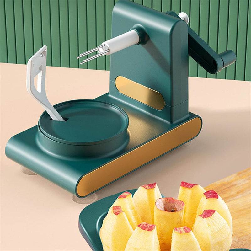 green and gold automatic apple peeler corer with peeled apple slices on green plate