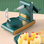 green and gold automatic apple peeler corer with peeled apple slices on green plate