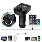 Black car charger with dual USB ports, LED display, hands-free call button, shown charging iPad and iPhone devices