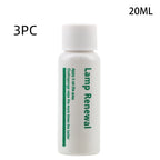 20ml white plastic bottle of lamp renewal liquid with green text, 3-piece pack
