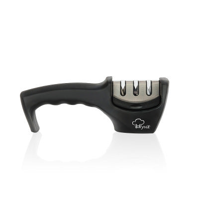 black handheld knife sharpener with three sharpening slots and ergonomic handle on white background