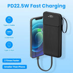 Black portable power bank with digital display charging a smartphone via USB-C cable, fast charging 22.5W