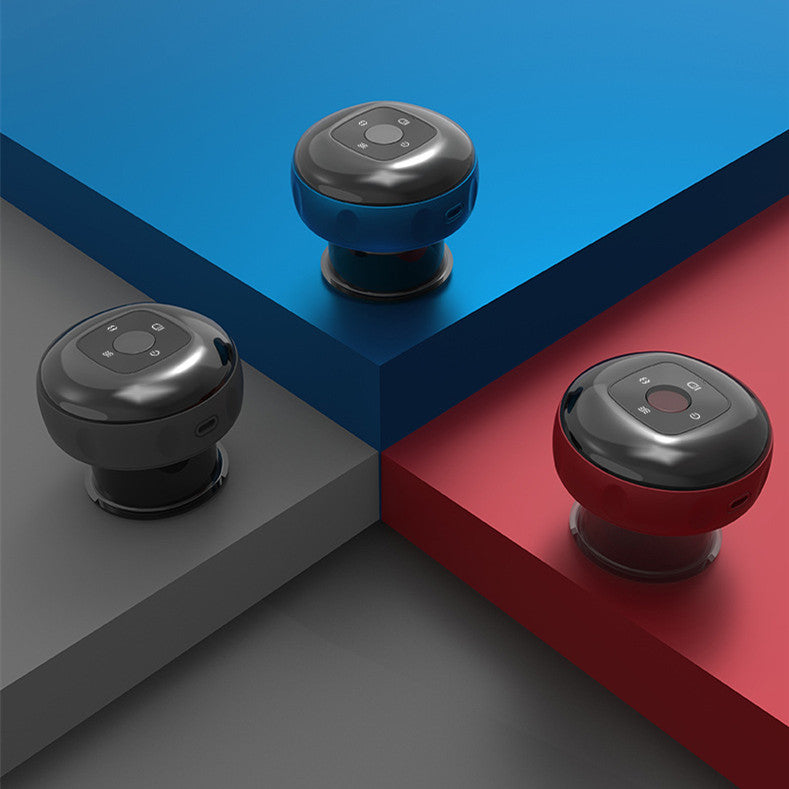 Three compact black wireless earbuds on blue, red, and gray platforms with control buttons on top