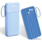 Blue portable power bank with digital 100% display and integrated charging cables