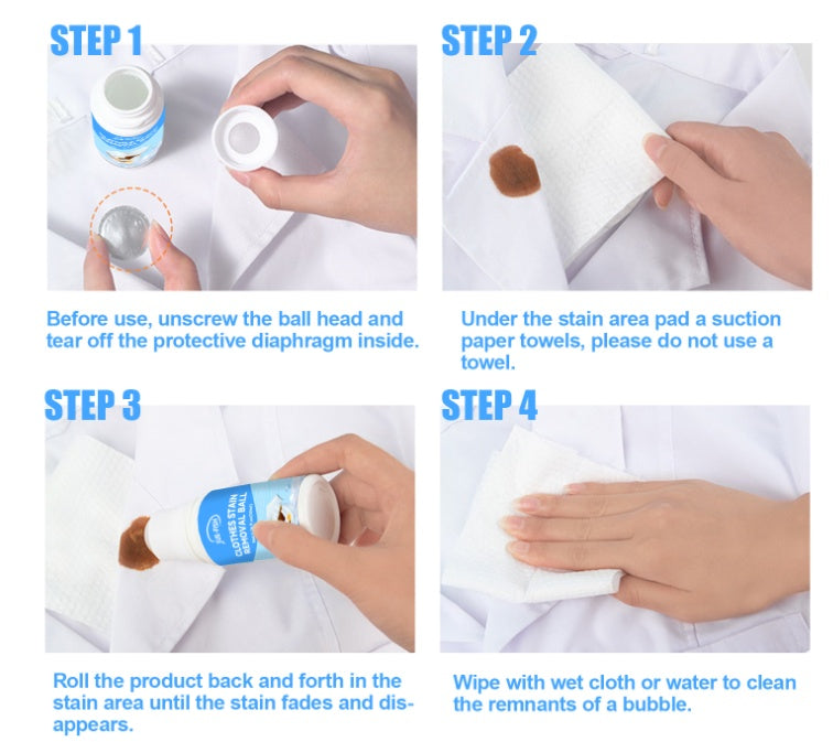 Step-by-step guide showing how to use a clothes stain removal ball on a white shirt with visible coffee stain