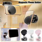 Magnetic phone holder attached to wall and window, shown in black, white, and pink colors
