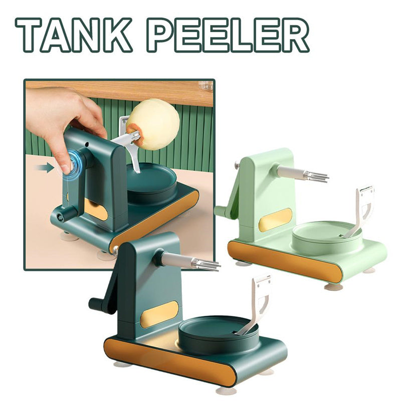 Tank peeler kitchen gadget in green and mint colors, peeling an apple with a hand crank