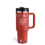Red Christmas travel mug with handle, lid, straw, holiday gift and tree design, Merry Christmas text