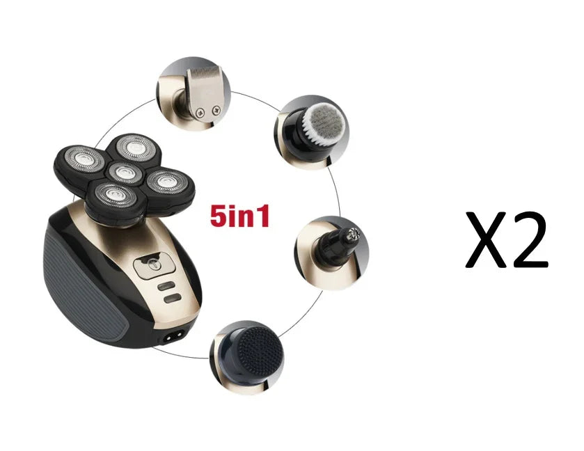 5-in-1 electric rotary shaver with multiple grooming heads for nose hair, facial cleansing, and trimming, black and gold