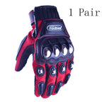 Red and black Madbike motorcycle gloves with metal knuckle protectors, one pair