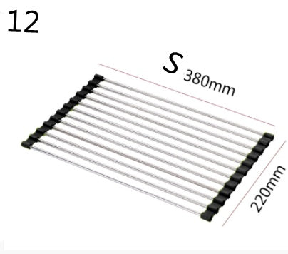 Compact stainless steel drying rack with black silicone edges, measuring 380mm by 220mm