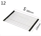 Compact stainless steel drying rack with black silicone edges, measuring 380mm by 220mm