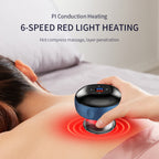 Handheld 6-speed red light heating massage device on person’s back for hot compress therapy