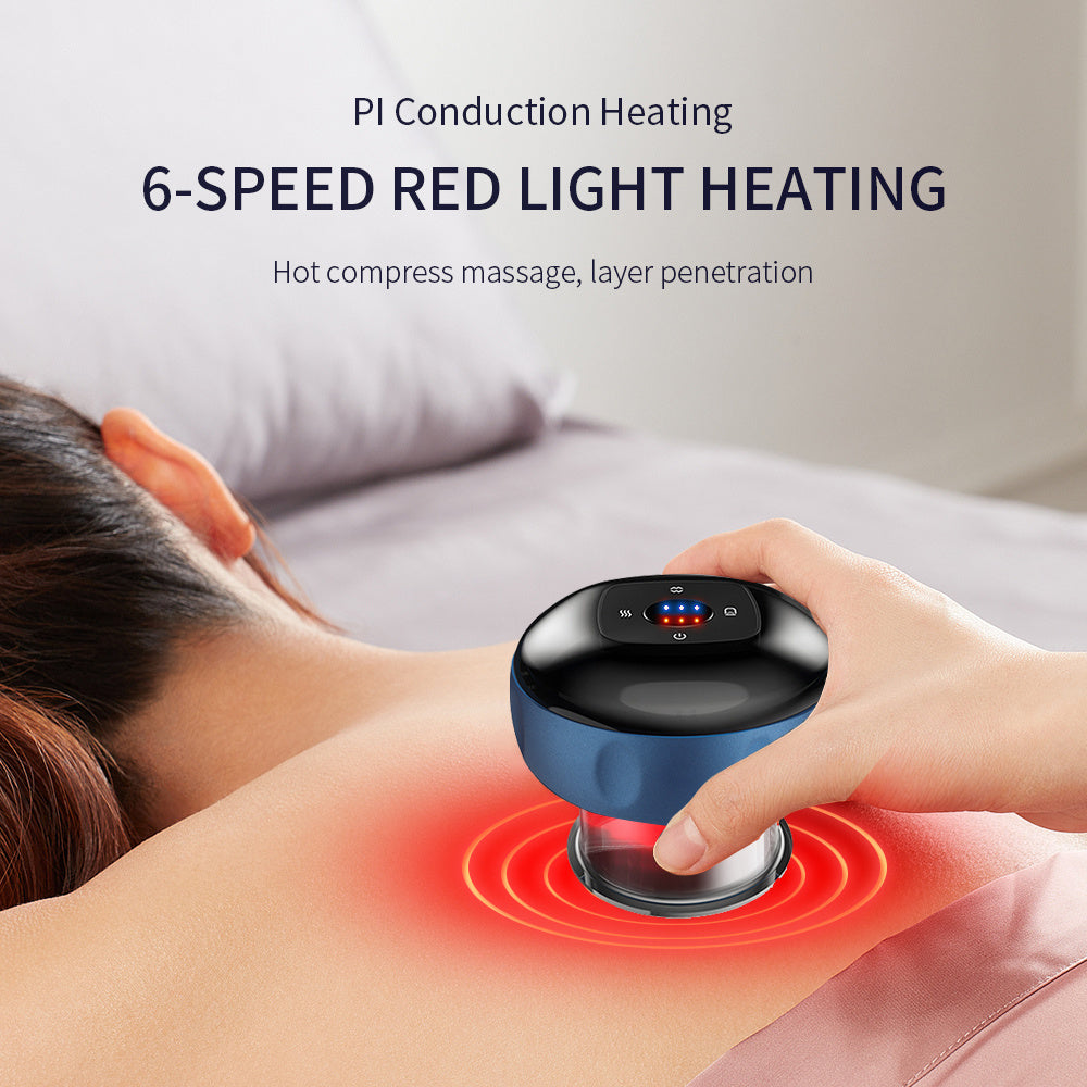 Handheld 6-speed red light heating massage device on person’s back for hot compress therapy