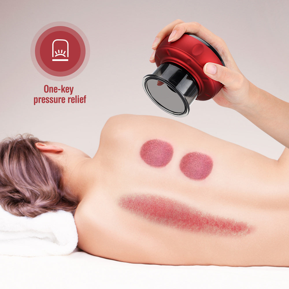 Person lying face down with red massage cup on back for one-key pressure relief therapy