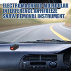 Electromagnetic antifreeze snow removal device on car dashboard with curved road view