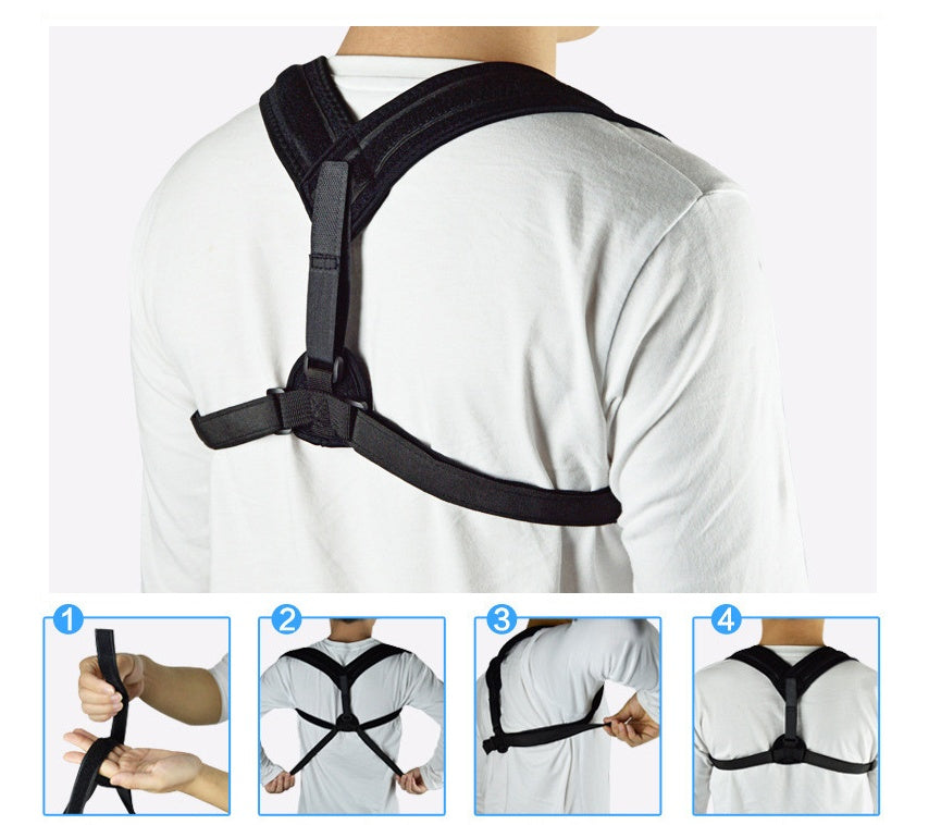 Adjustable black posture corrector worn over white shirt shown from back with step-by-step application instructions