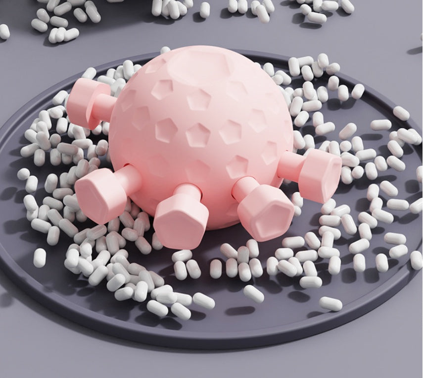 3D pink virus model with spiked hexagons on dark plate surrounded by scattered white capsules