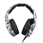 Gray and white camouflage gaming headset with black cushioned ear pads and attached microphone