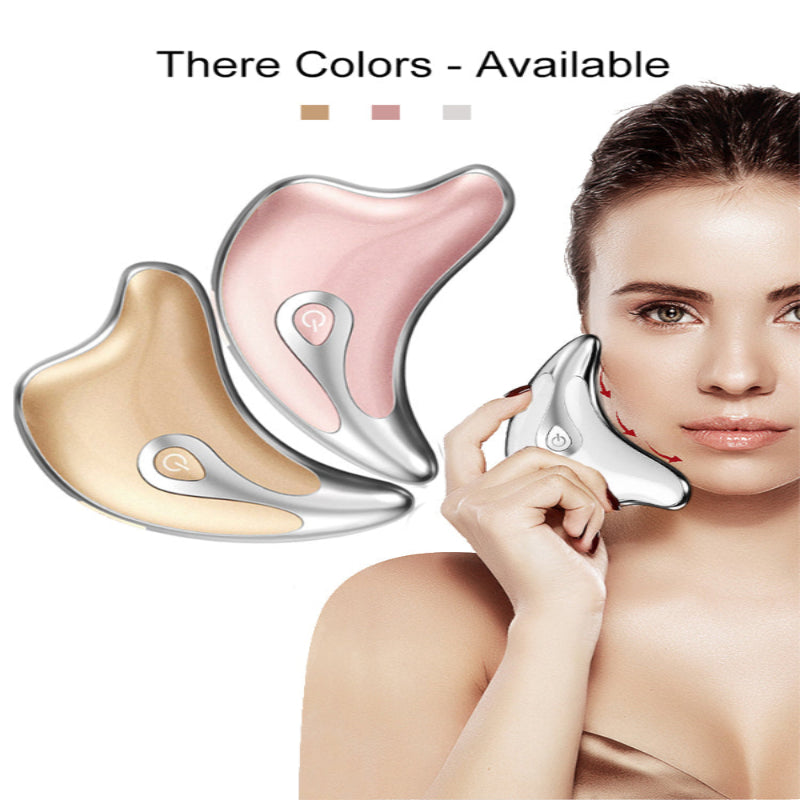 Electric facial massage tool in gold, pink, and silver with a woman demonstrating facial use
