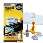 Windshield repair kit with yellow applicator, resin bottle, suction cups, razor blade, and instructions