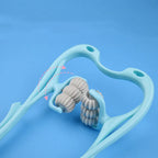 Blue handheld body massage roller with rotating beige textured wheels on blue background