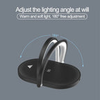 Black oval LED desk lamp with adjustable lighting angle up to 180 degrees on gray background