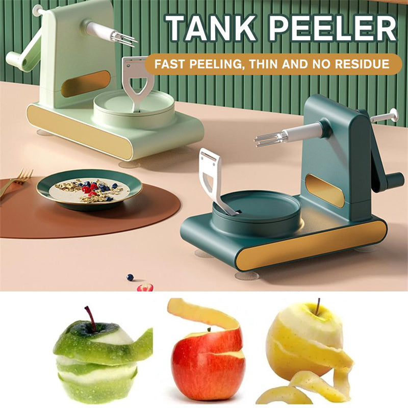 Two modern tank peelers in green and teal colors on a table with peeled apples showcasing fast peeling and no residue