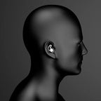 Side view of a black mannequin head wearing white wireless earbud with ear hook against dark background