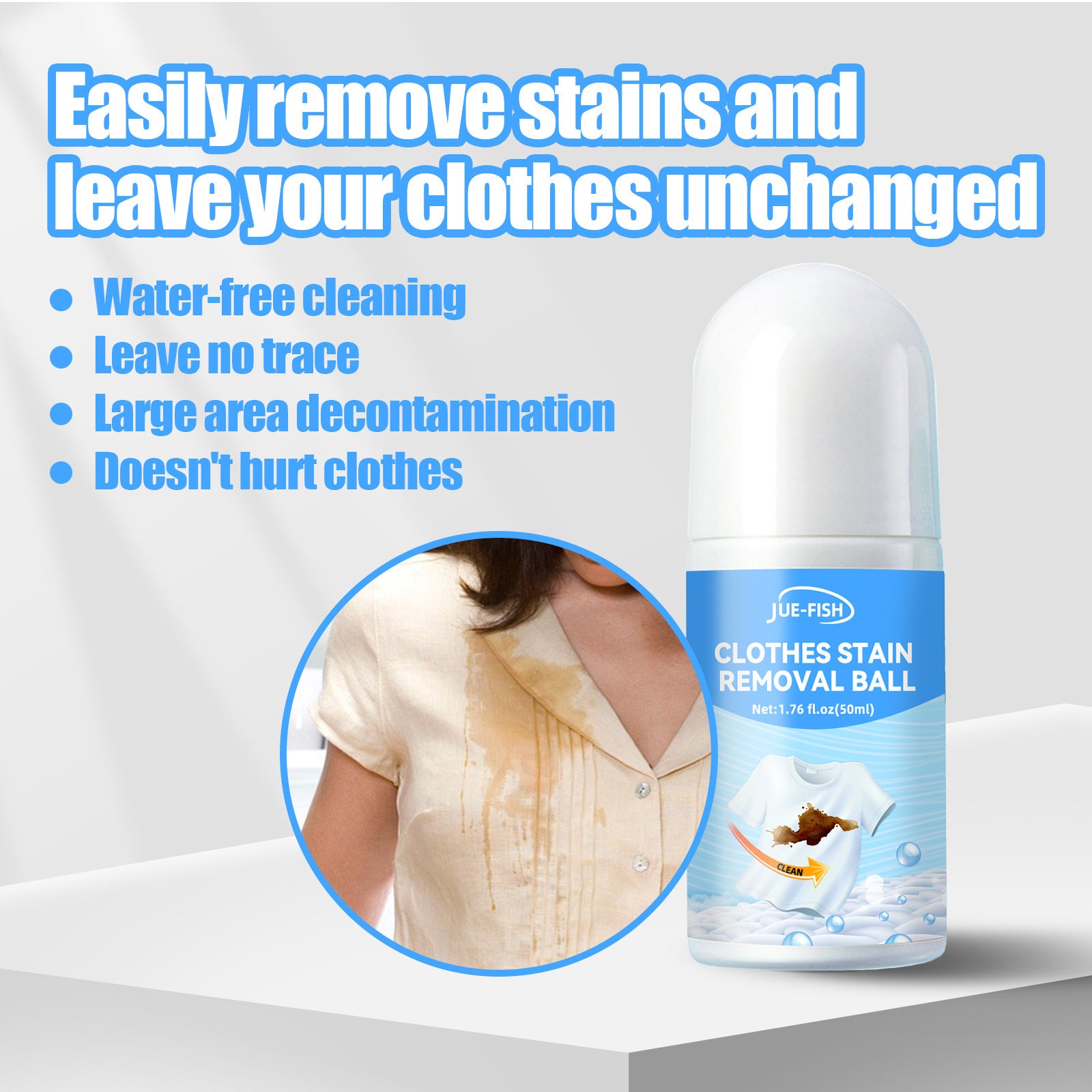JUE-FISH clothes stain removal ball with stain removal benefits and stained beige shirt close-up