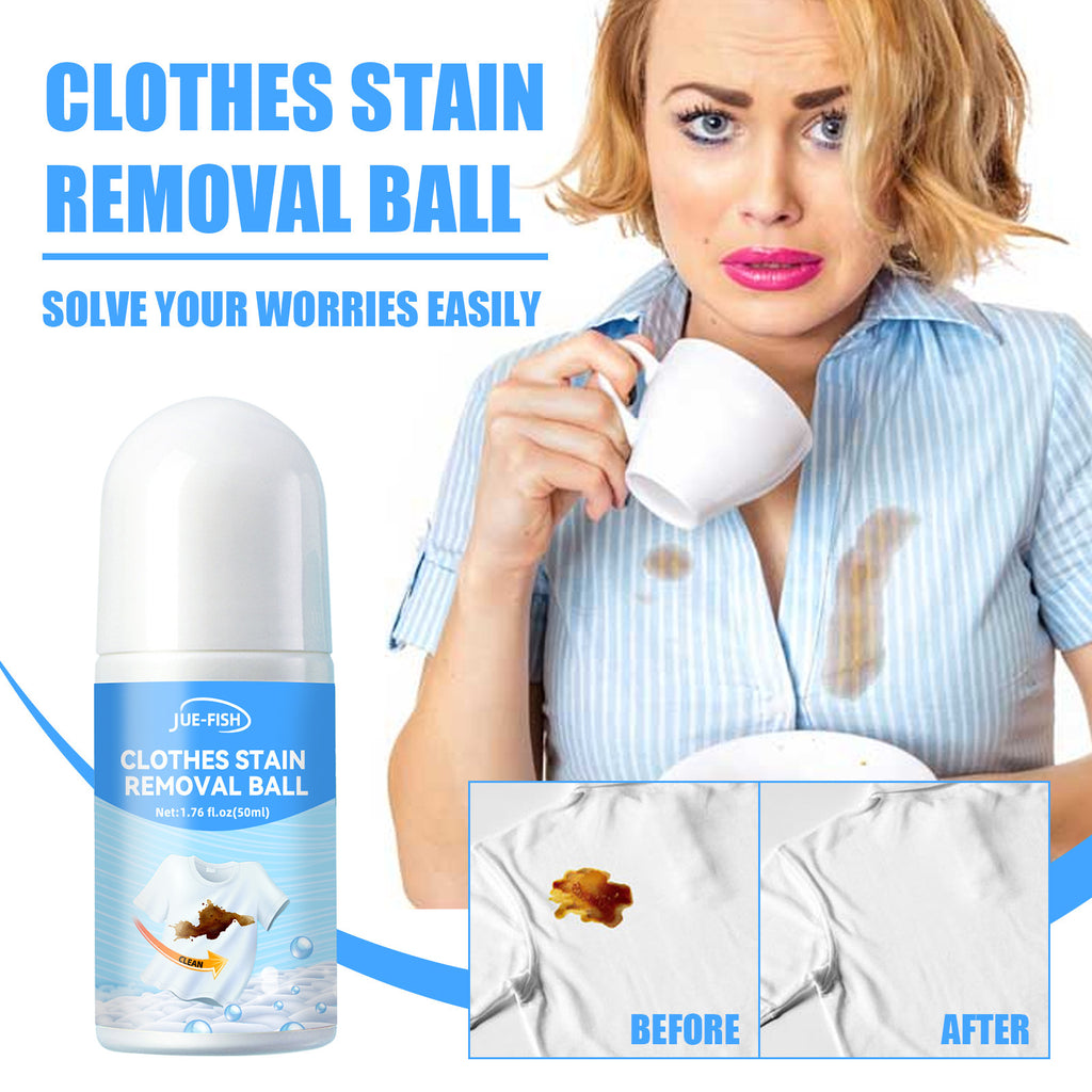 Clothes stain removal ball product with before and after coffee stain cleaning on white shirt