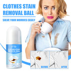 Clothes stain removal ball product with before and after coffee stain cleaning on white shirt