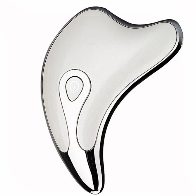 Modern silver and white electronic facial gua sha massager with power button