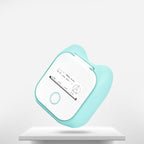 Compact turquoise and white thermal printer printing black text and shapes on white paper