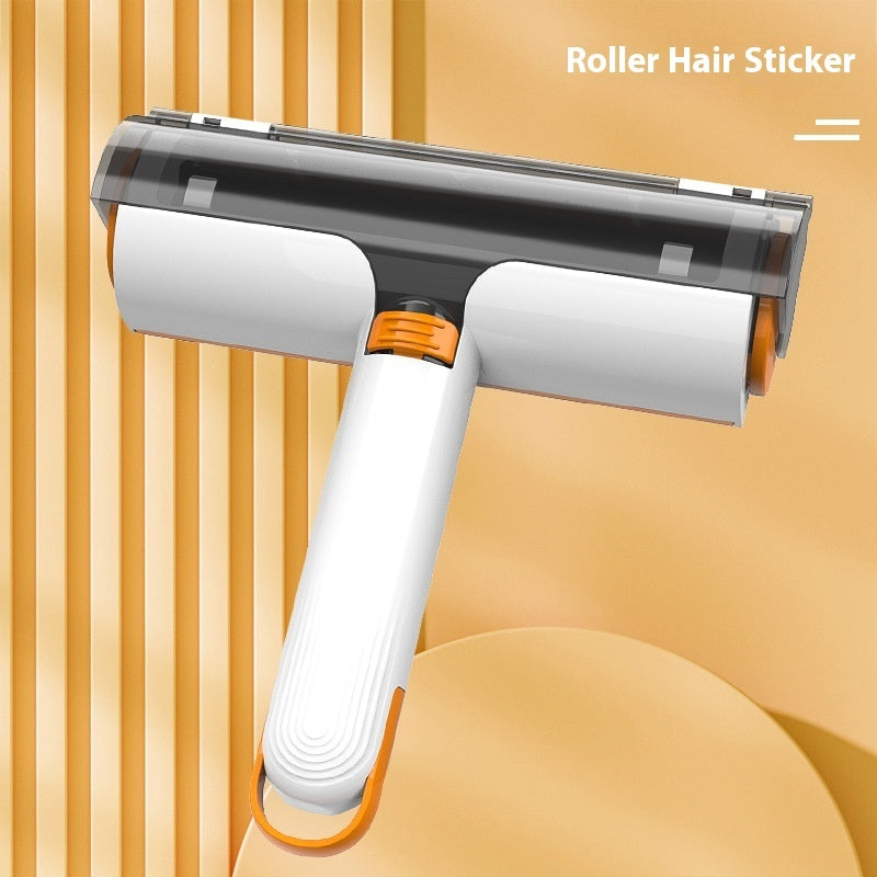 White and orange roller hair sticker remover tool on striped beige background