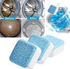 Washing machine cleaner tablets with before and after images of a dirty and clean washing drum